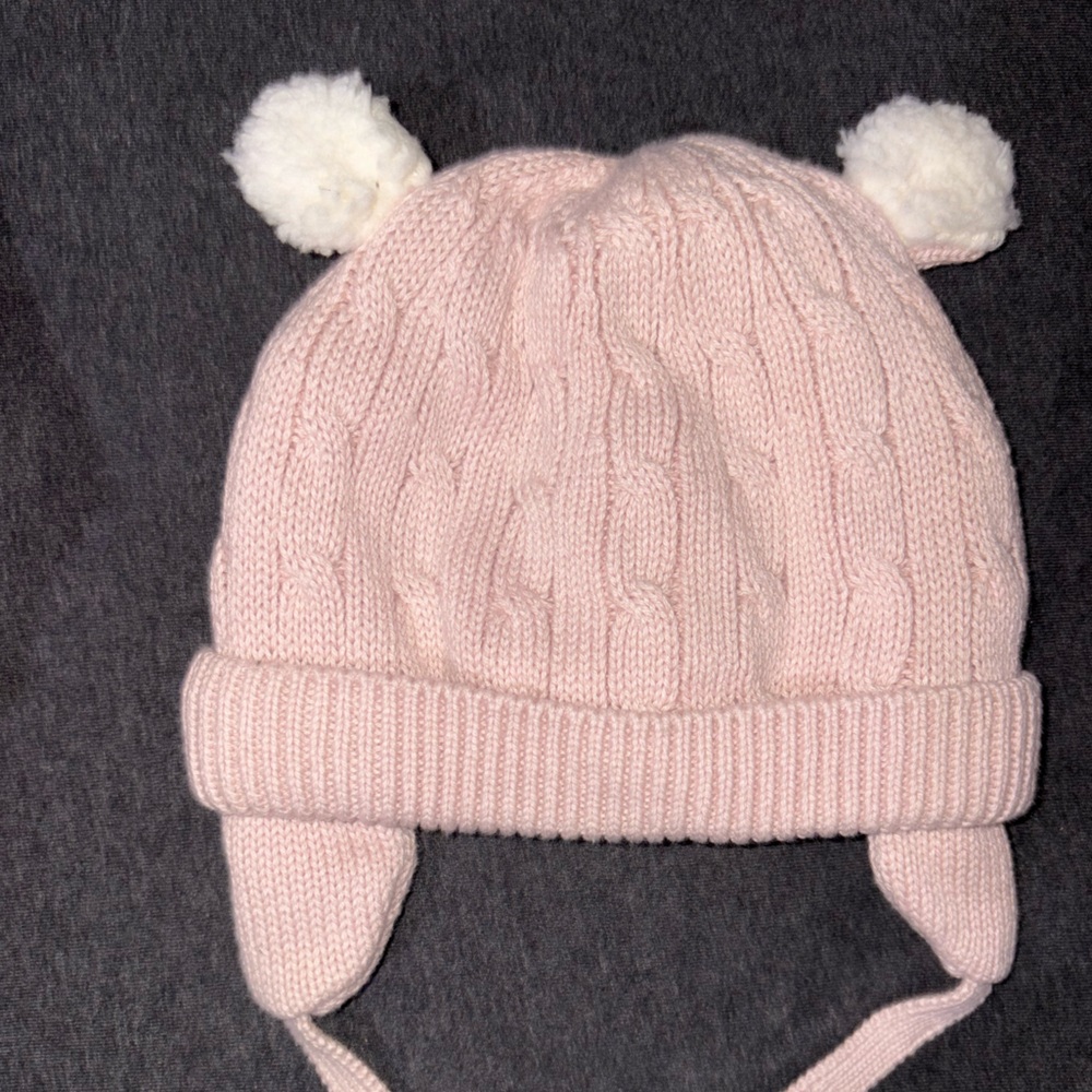 GAP Light Pink Cable Knit Hat with Pom-Poms